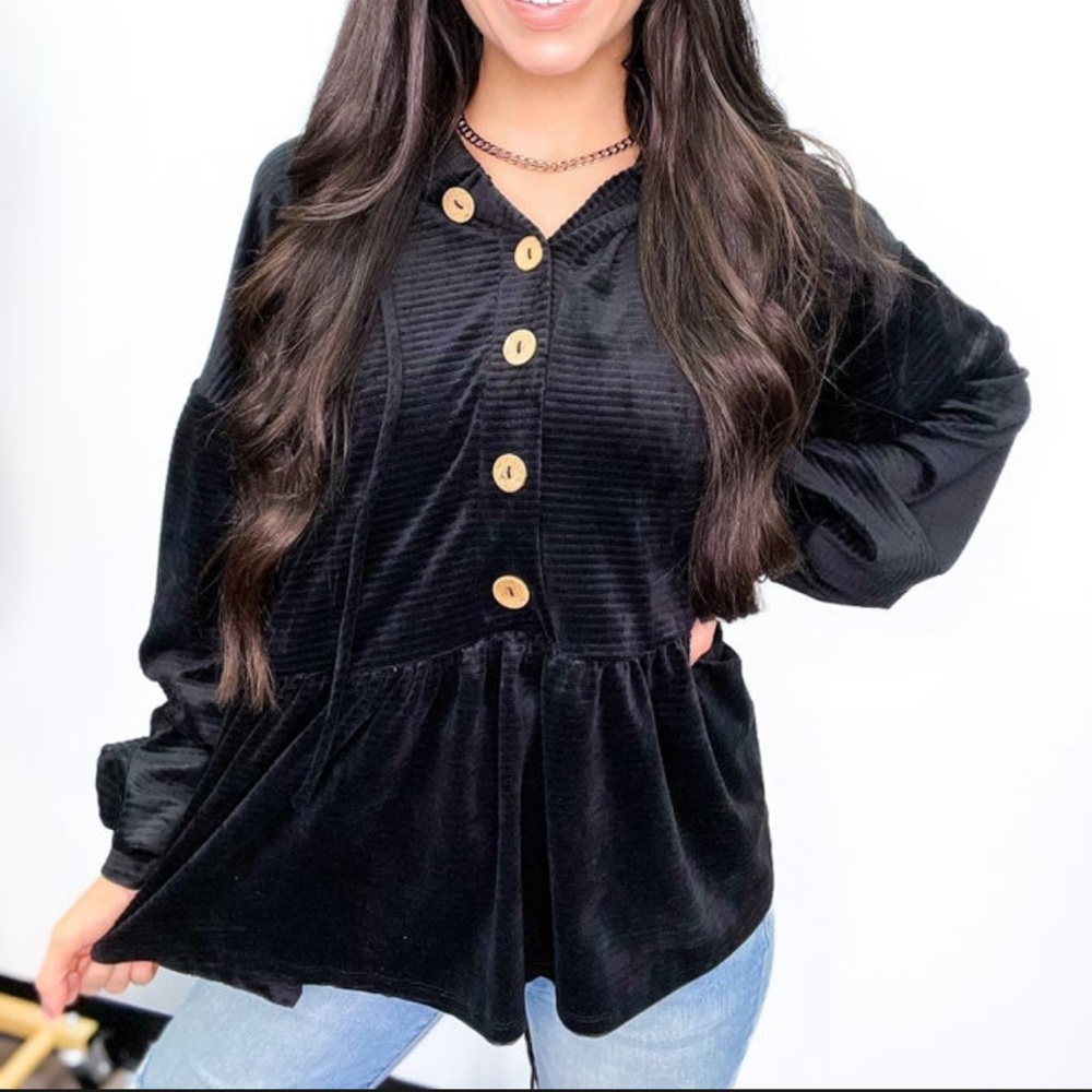 NEW BLACK velvet corduroy Boutique Peplum Hoodie sweater top by Blue Buttercup